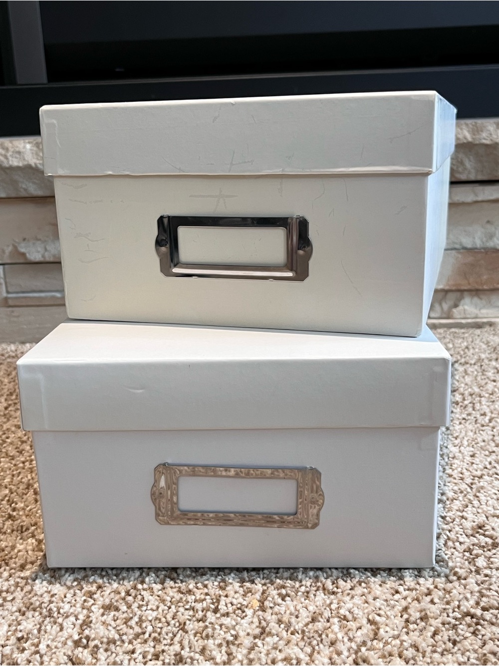 White Decorative Storage Boxes with Label Holders - Set of 2